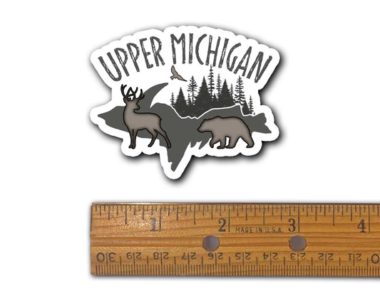Upper Michigan Sticker, Yooper U.P., Buck Deer, Bear, Pine Trees