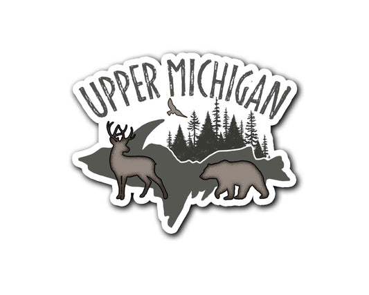 Upper Michigan Sticker, Yooper U.P., Buck Deer, Bear, Pine Trees