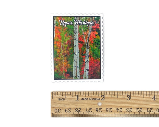 Upper Michigan in the Fall Magnet, Postage Stamp, Red Leaves, White Birch