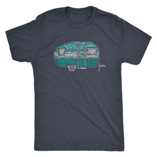 Love Camping RV Shirt - Cute Vintage Trailer in Shades of Blue/Green