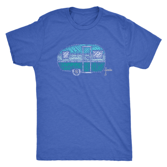 Love Camping RV Shirt - Cute Vintage Trailer in Shades of Blue/Green