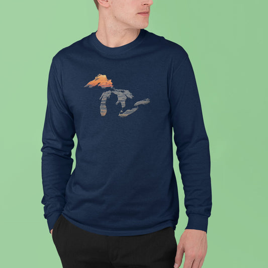 Great Lakes Shirt Long-Sleeved Unisex | Sunset Over Water | Lake Superior, Michigan, Huron, Ontario, Erie