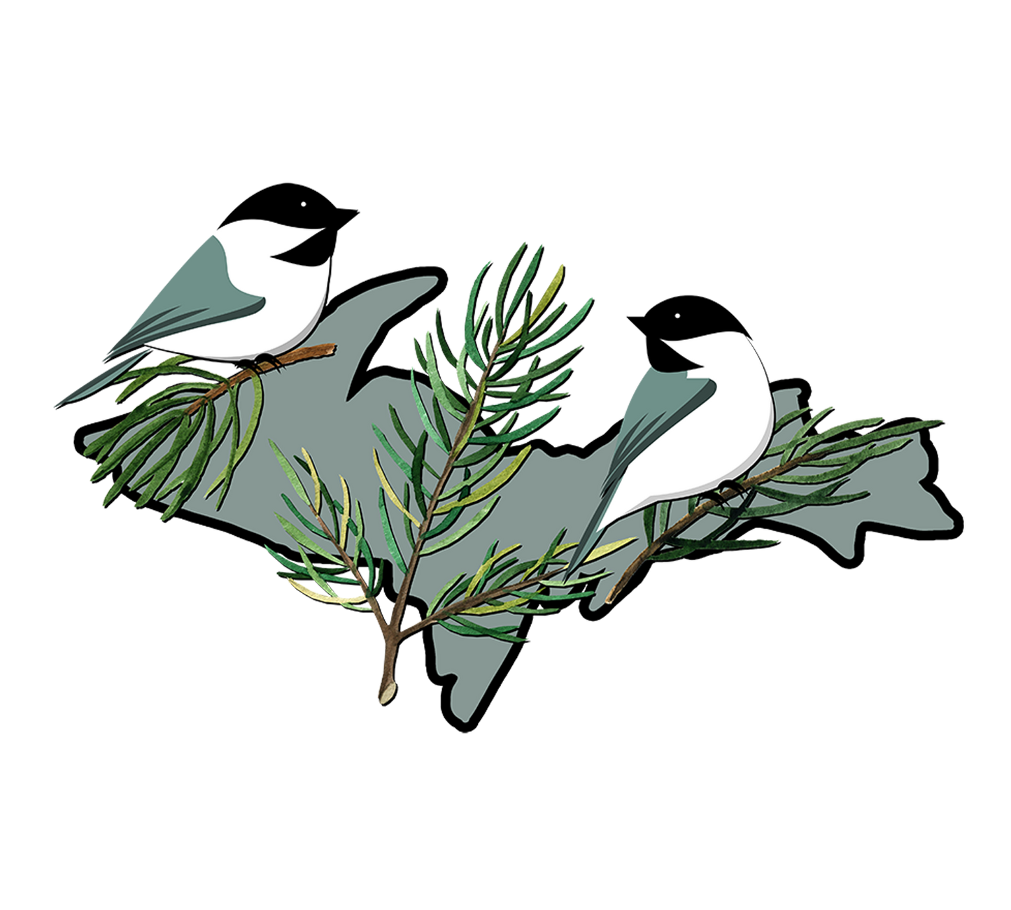 Chickadee Upper Michigan Sticker, Birds and Pine Needles on Upper Peninsula