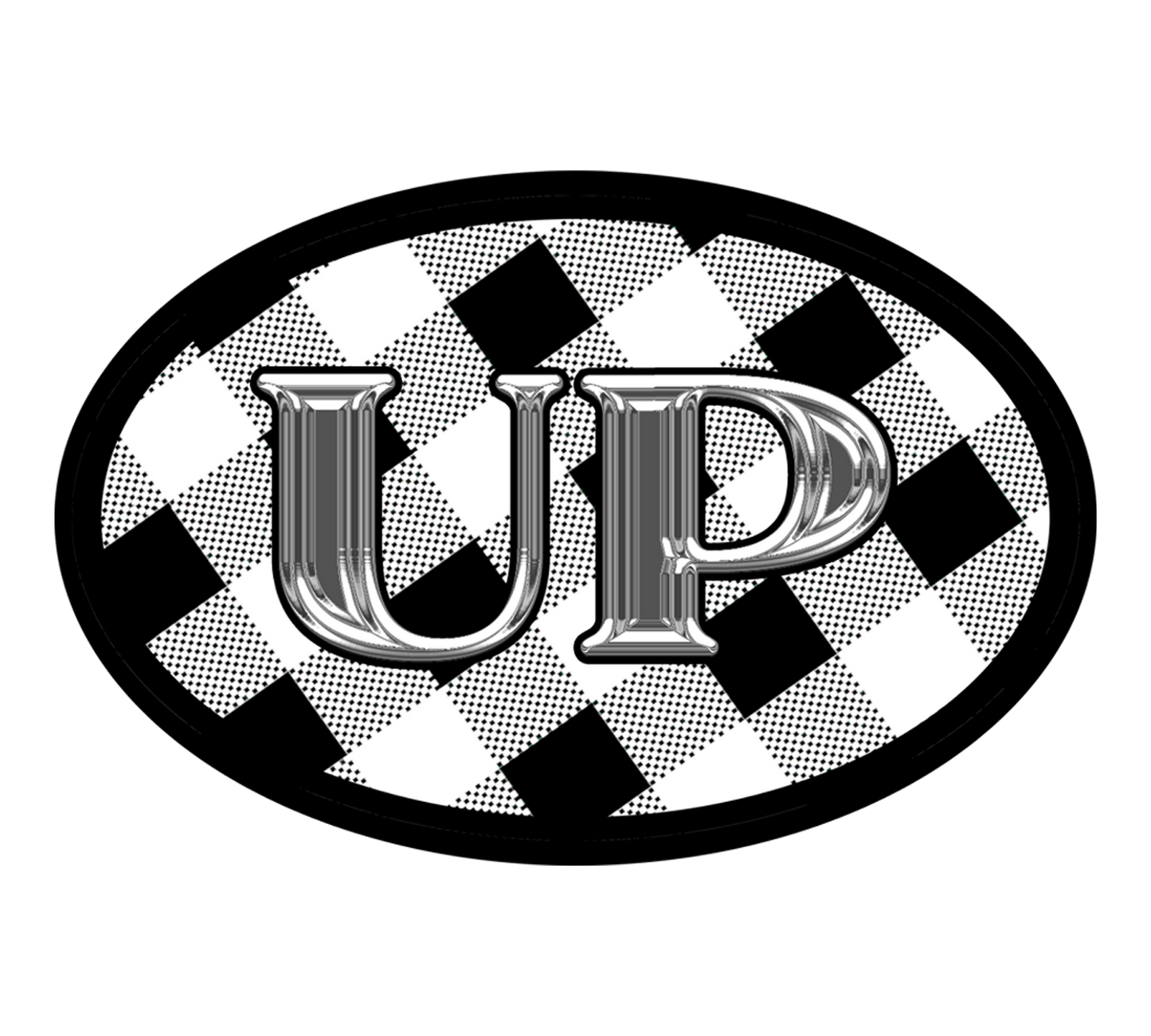 UP Sticker, Upper Michigan on Black and White Buffalo Plaid Oval