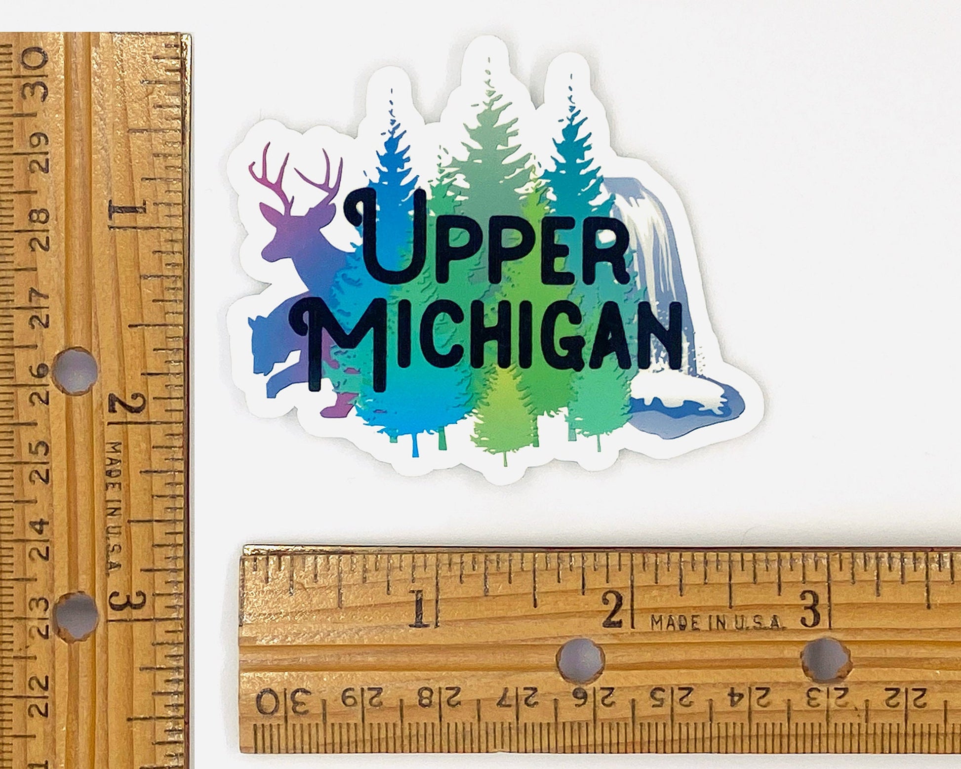 Upper Michigan Sticker/Magnet, U.P. Gift for Yooper, Deer, Bear, Waterfall, Pine Trees