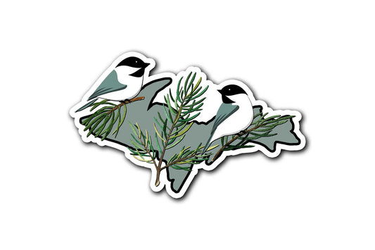 Chickadee Upper Michigan Sticker, Birds and Pine Needles on Upper Peninsula