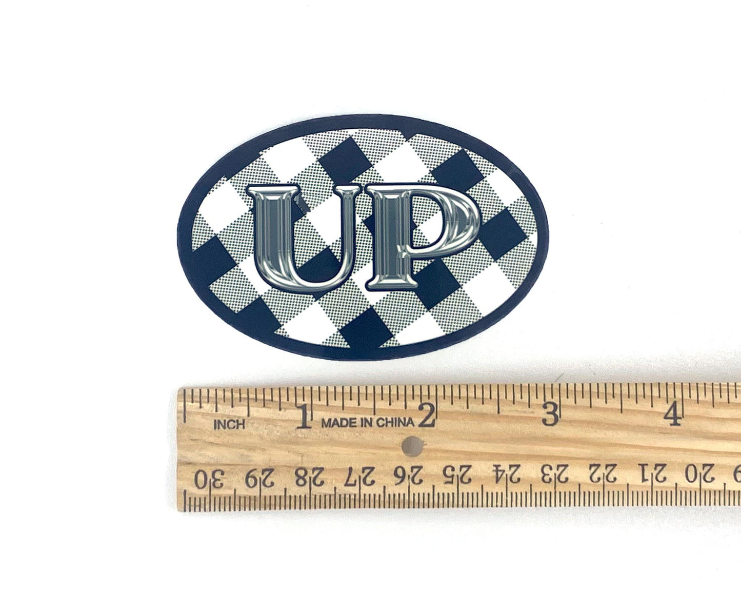 Upper Michigan Sticker, U.P. on Black and White Buffalo Plaid Oval