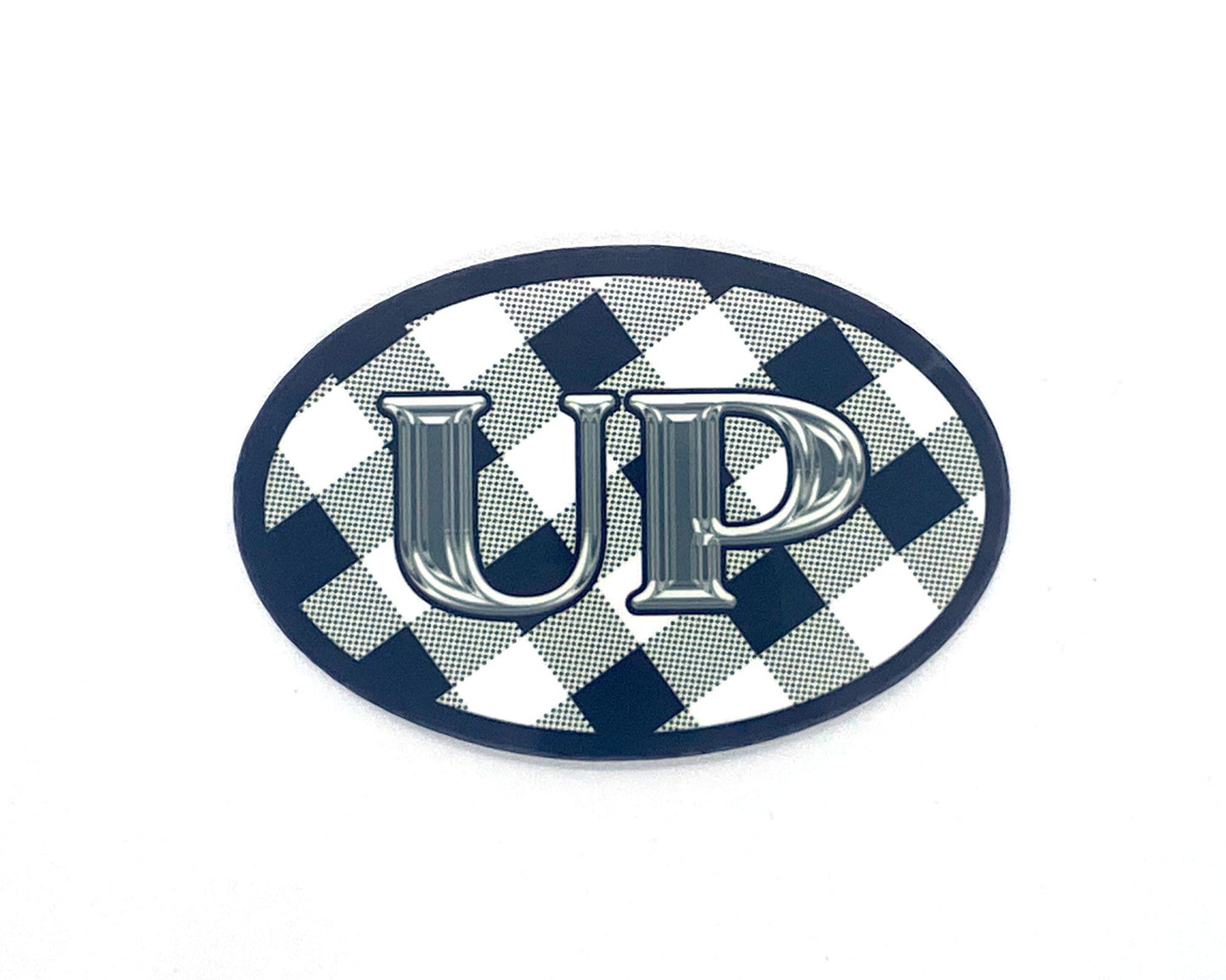 Upper Michigan Sticker, U.P. on Black and White Buffalo Plaid Oval