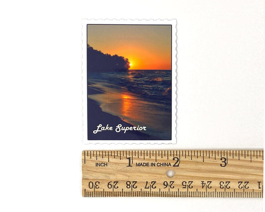 Lake Superior Sunset Sticker, Postage Stamp, Great Lakes Lover Gift
