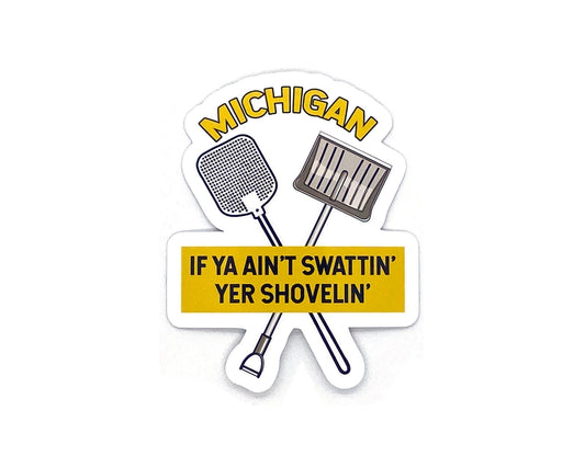 Michigan Snow Shoveling Sticker/Magnet, Yooper Swatting Mosquitoes, Upper Michigan