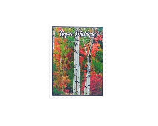 Upper Michigan in the Fall Sticker/Magnet, Postage Stamp, Red Leaves, White Birch