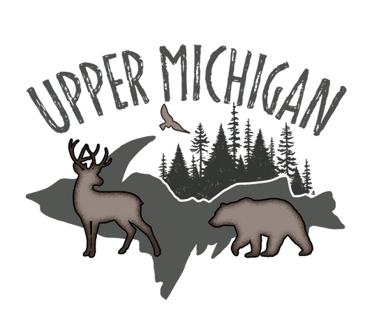 Upper Michigan Sticker, Yooper U.P., Buck Deer, Bear, Pine Trees