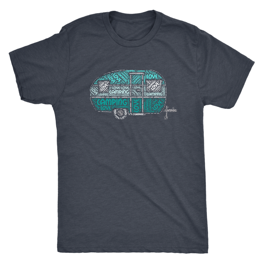 Love Camping RV Shirt - Cute Vintage Trailer in Shades of Blue/Green