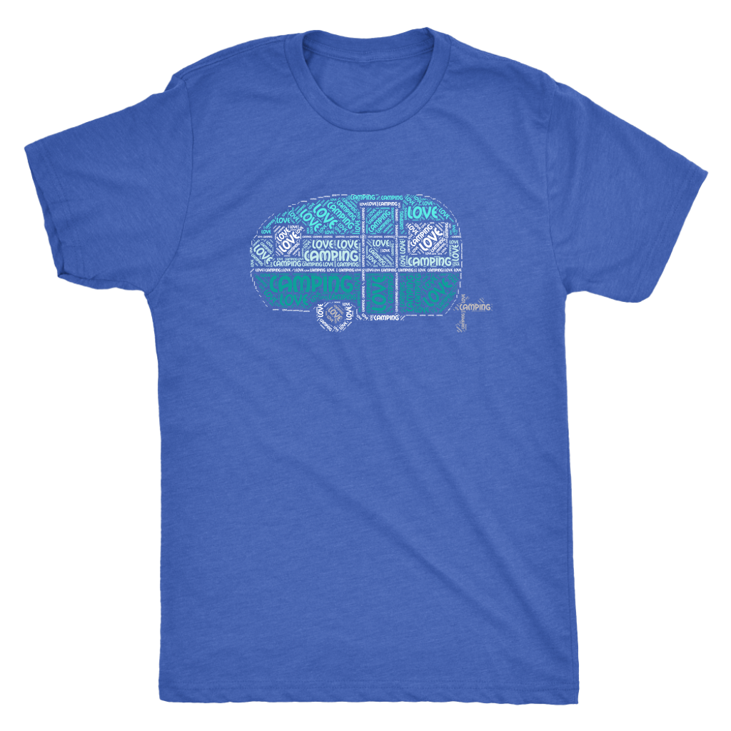 Love Camping RV Shirt - Cute Vintage Trailer in Shades of Blue/Green