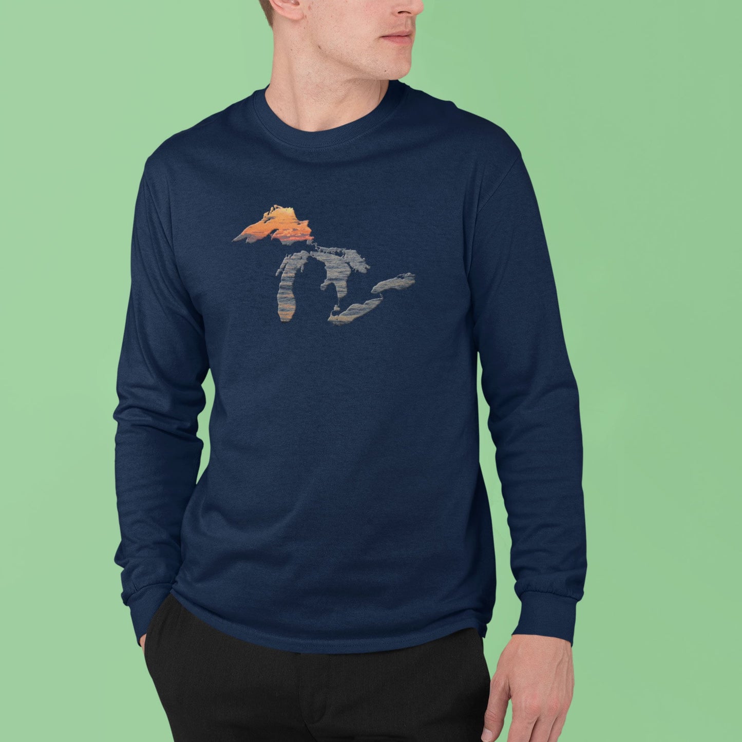 Great Lakes Shirt Long-Sleeved Unisex | Sunset Over Water | Lake Superior, Michigan, Huron, Ontario, Erie