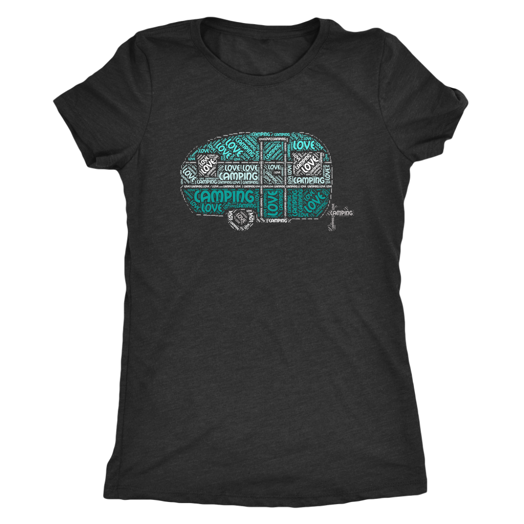 Love Camping RV Shirt - Cute Vintage Trailer in Shades of Blue/Green